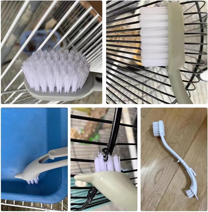Bird Cage Cleaner with Double Brush Heads Long Handle Cleaning Tool for Small Animal Ferret Bunny Guinea Pigs Cages Food Bowl Pads Groomming (2PC)