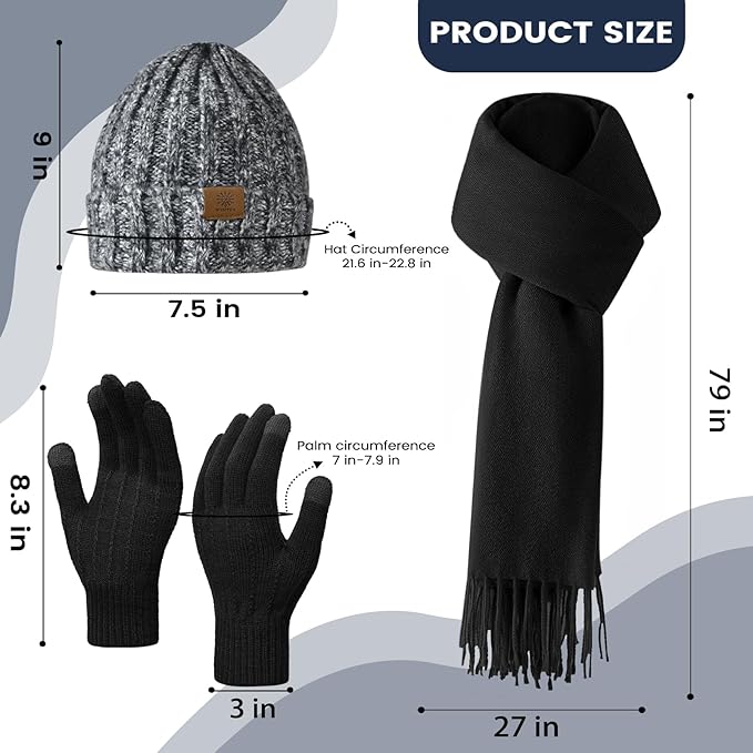 Women Winter Hat Beanie+Long Scarf+Touch Screen Gloves Set, Warm Clothes Set with Knit Fleece Lined for Women/Men Winter