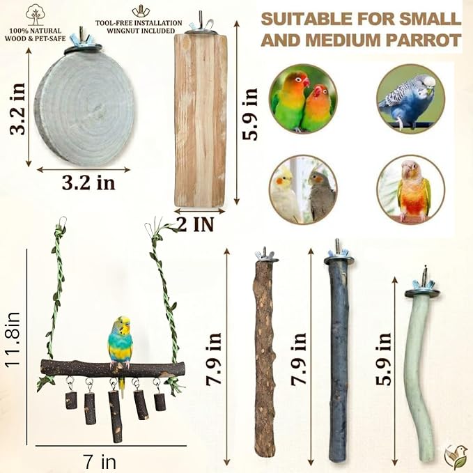 Bird Perch Set, 6 Pack Natural Apple Wood Cage Accessories with Platforms & Swing for Parakeets, Cockatiels, Conures, Budgies, for Climbing, Chewing & Exercise