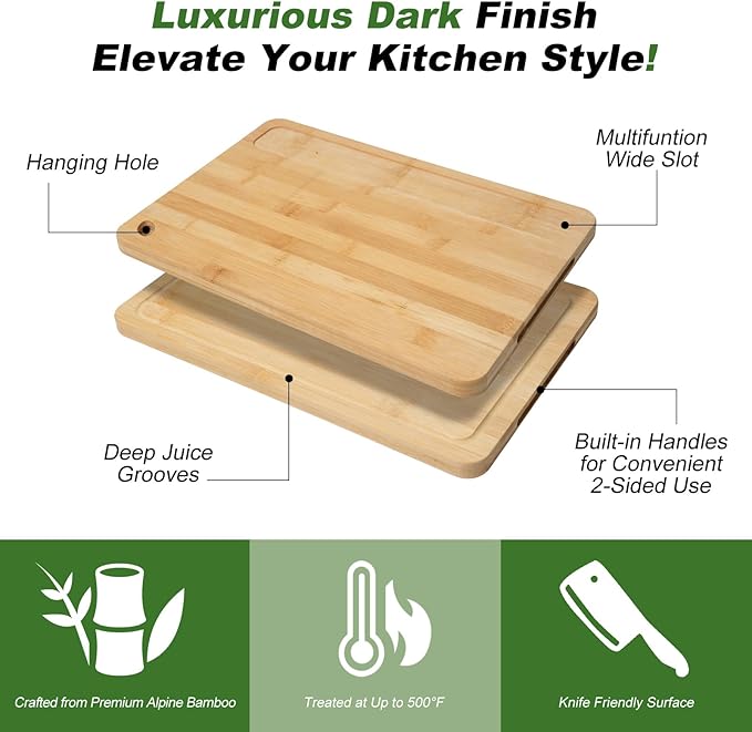 Bamboo Cutting Board Set of 3 for Kitchen, Chopping Boards with Juice Groove & Built-in Handles, Perfect for Meat, Vegetables, Fruits, Kitchen Gift for Home Cooks & Chef, Light Yellow