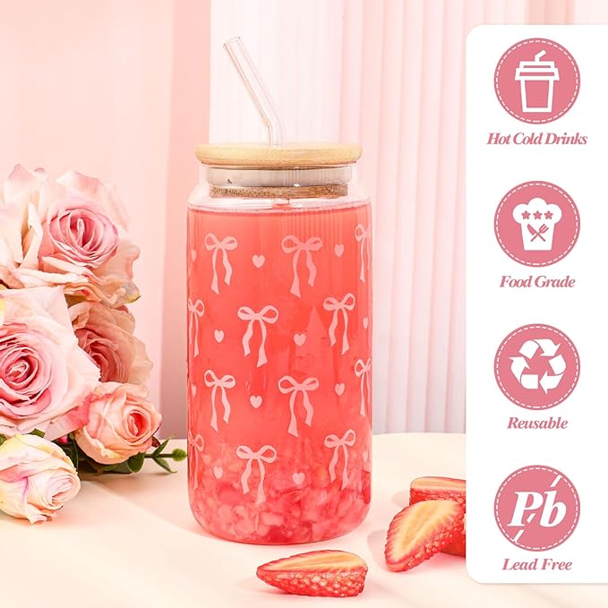 2 Pcs Coquette Pink Bow Glasses Cups, 16oz Cute Bow Glass Cups with Lid Brush and Straw Aesthetic Iced Coffee Cup, Girly Preppy Design Glasses Drinking for Teen Girls Women Men Kids Gift Trendy Stuff