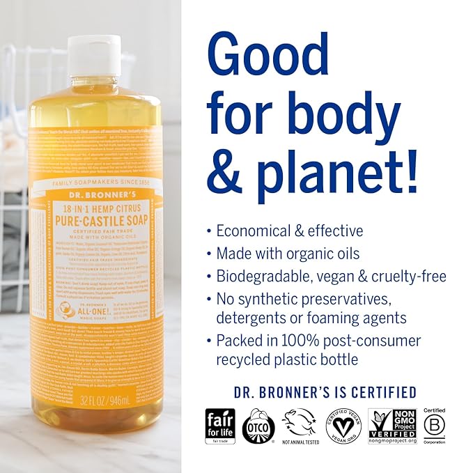 Dr. Bronner's Magic Soap-Pure-Castile Liquid Soap (Citrus, 32 ounce, 2-Pack)-Regenerative Organic Certified Oils, 18-in-1 Uses: Body, Hair, Laundry, Pets & Dishes, Concentrated, Vegan, Non-GMO