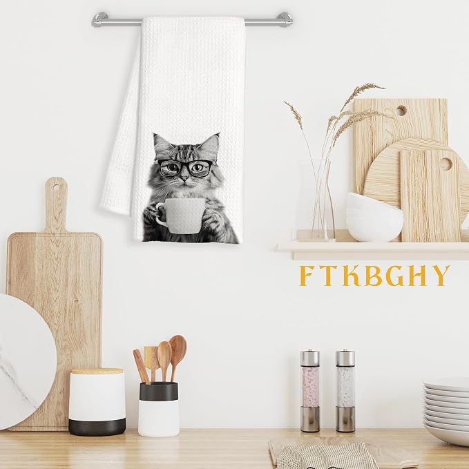 Funny Cat Decor Coffee Kitchen Towels Gift, Cat Gifts for Women, Coffee Gifts for Women, Kitty Lover Gift Decorative Dish Hand Tea Towels for Kitchen Home Bar Decor, 16x24 Inch