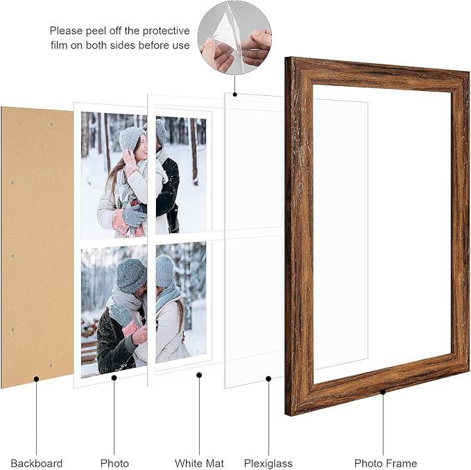 11x17 Picture Frame Display 2 opening 8X10 Double Picture Frame Collage,Multi Photo Frame with Mat,Plexiglass,Wall Mount Decor,Carbonized Brown Wood Grain