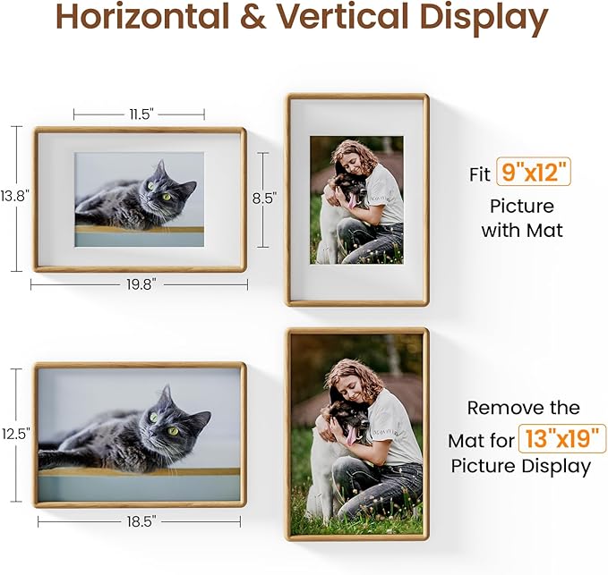 13x19 Picture Frame Natural Oak Wood From California-USA with Real Tempered Glass, Handcrafted 13 x 19 Diploma Frame Matted to 9x12 Photo,Certificate,Degree,Graduation Picture Display Wall Decoration