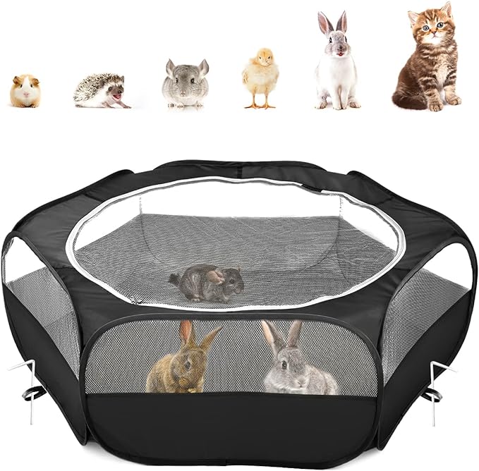 Pawaboo Small Animal Playpen with Zippered Cover, Black | Portable pop-up pet tent for supervised rabbits, guinea pigs, chicks and kittens; water-resistant bottom and 3 metal rods