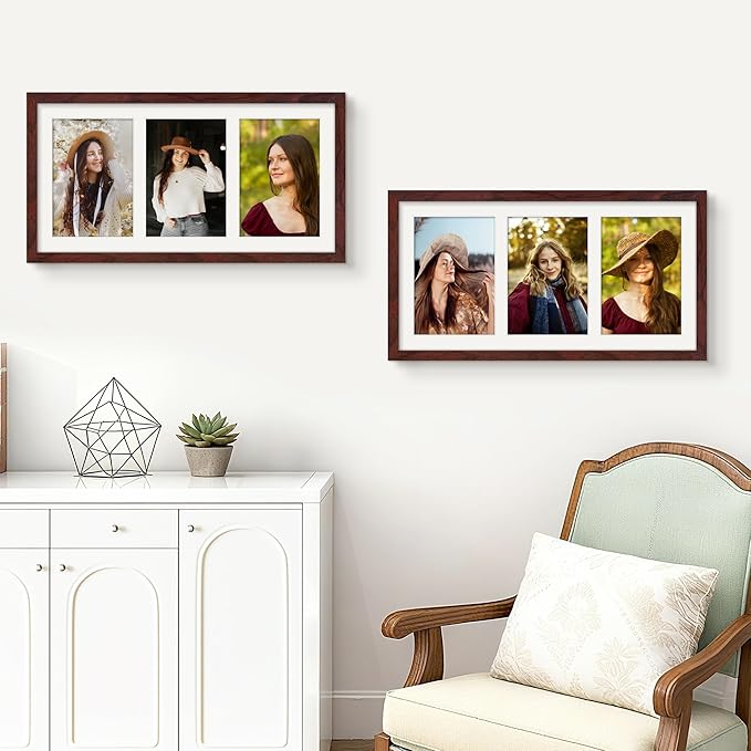 8x16 Collage Picture Frame 5x7 Collage Picture Frame Displays Three 5x7 inch Photos or 8x16 (Without Mat) for Available Horizontal Wall Mounting Display and Vertical Redwood