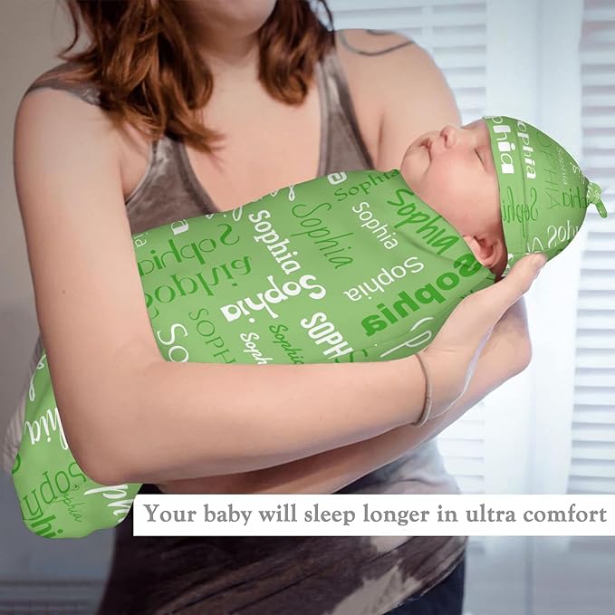 Personalized Baby Swaddle Blanket for Boys Girls Name Lettering Green Custom Name Receiving Blanket with Cap for Newborn Girls and Boys Soft Sleeping Sack