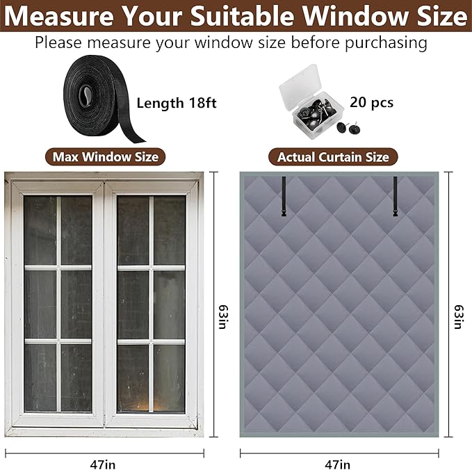 3 Layer 63 x 47 Inches Winter Insulated Window Curtain-Oxford Thermal Insulated Window Blanket with Fastener-Gray Window Insulation Kit for Winter Keeping Warm