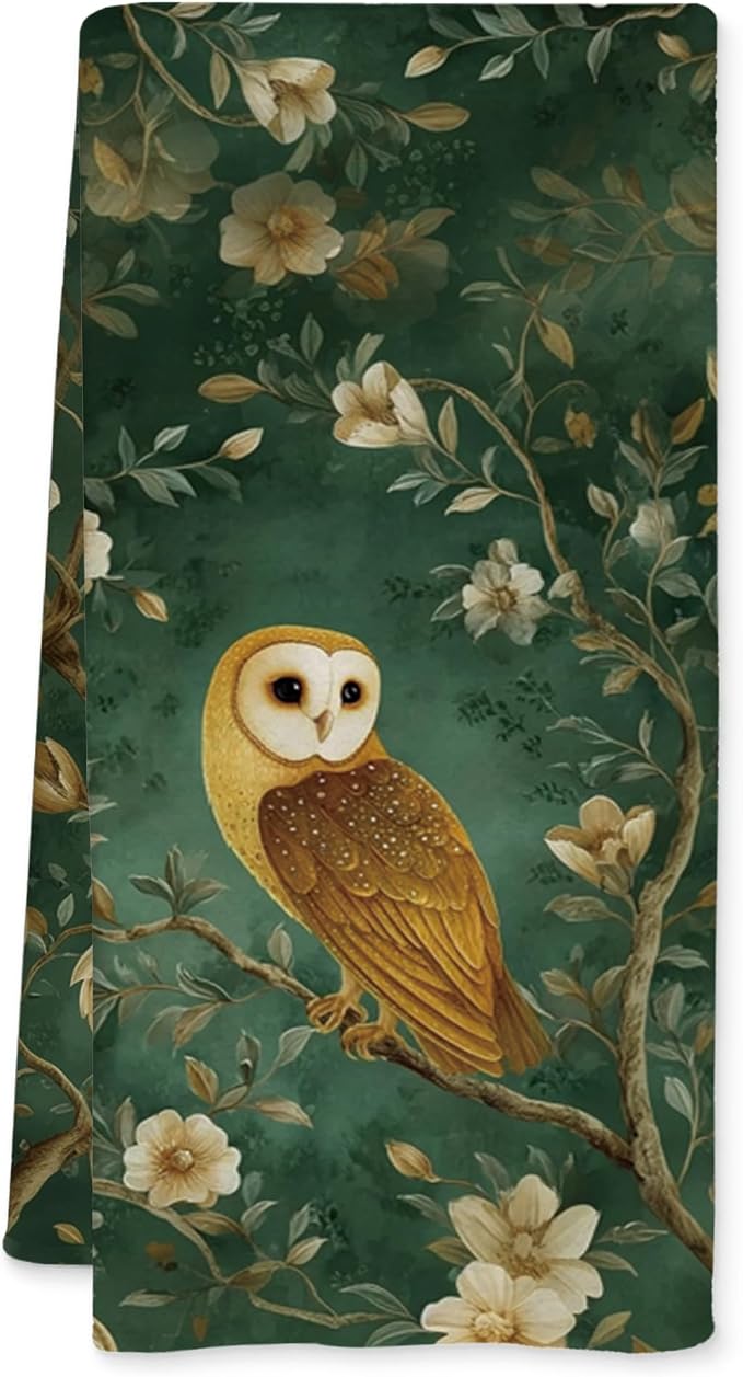 Vintage Floral Owl Kitchen Towels, Owl Gifts for Women Dish Tea Towels for Kitchen Decor, Retro Cottagecore Bird Floral Decorative Hand Towel for Bathroom, 16x24 Inch