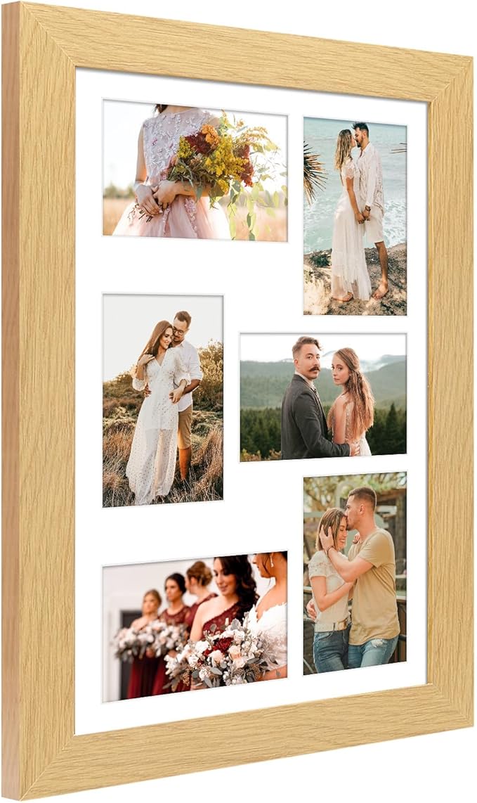 11x17 Picture Frame Display 6 picture frame collage 4x6,Multi Photo Frame with Mat,Plexiglass,Wall Mount Decor,Natural Wood Grain