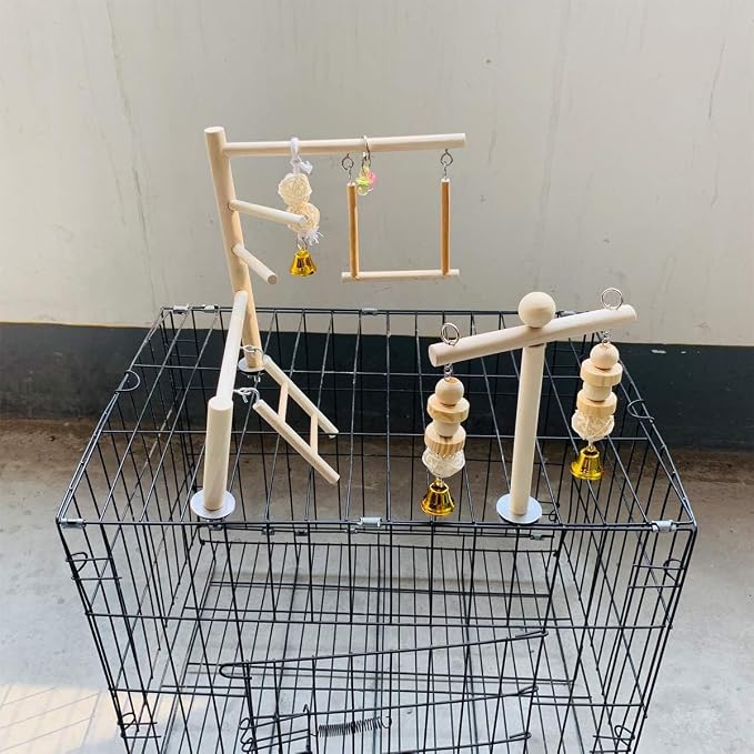 Hamiledyi Natural Wood Bird Play Gym for Small Birds, Parakeet Cockatiel Playstand with Perch, Ladder & Swing Toys for Cage Top(Style B)