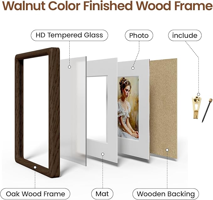 8x10 Picture Frame Natural Oak Wood From California-USA Walnut Color Finished with Real Tempered Glass, Handcrafted 8 x 10 Photo Frame Matted to 5x7 Wedding,Family,Graduation Picture on Table & Wall