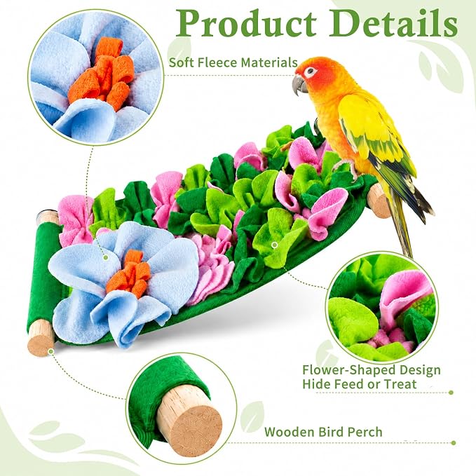 FlidRunest Bird Cotton Fabric Foraging Mat, Parrot Foraging Hammock Bed | Parakeet Enrichment Toy With Hidden Treat Flowers, Soft Fleece Feeding Mats Puzzle for Budgies, Conure