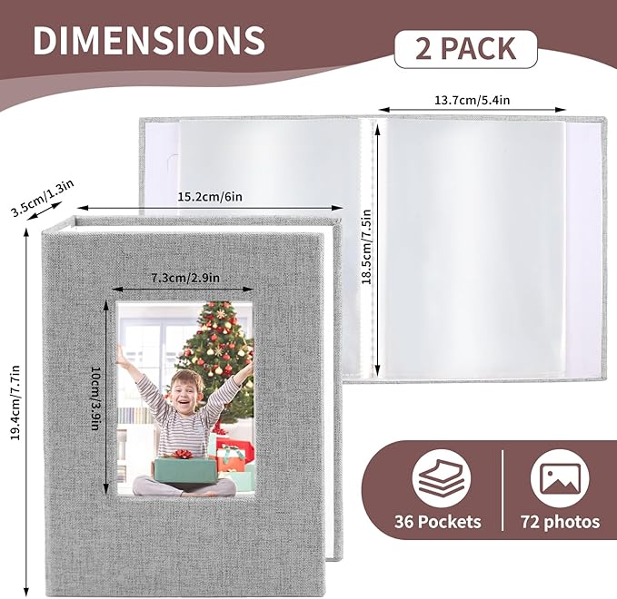 vivinin 2 Pack Photo Album 5x7, Linen Cover Photo Book, Small Photo Album Book for 36 Pockets Hold 72 Pictures, Picture Book for Photos Family Anniversaries Baby Vacations (Gray)