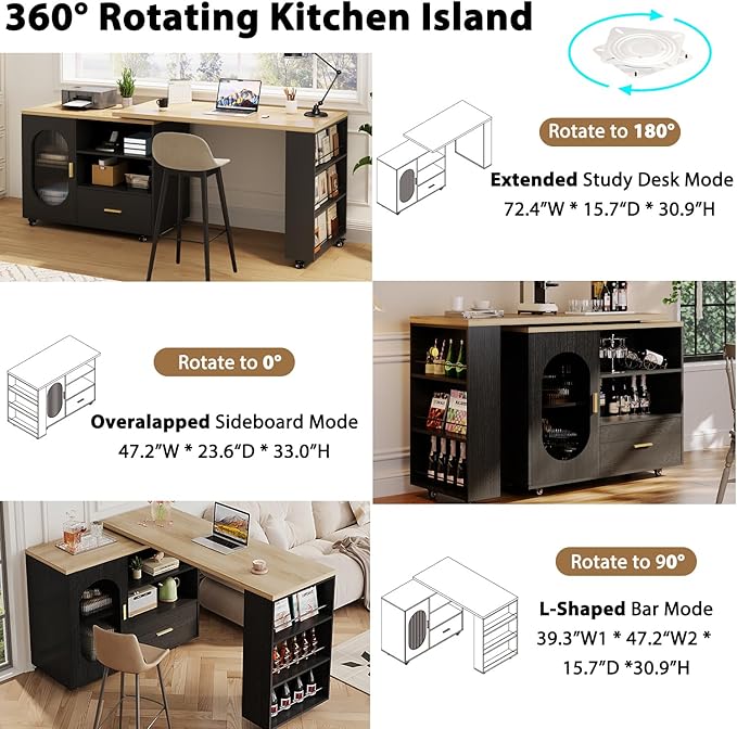 HSH 72" Rolling Kitchen Island with Seating, 360° Swivel Table, Kitchen Island with Storage Cabinet, Drawer & Shelves, Farmhouse Mobile Island Cart on Wheels for Dining Room & Home Bar, Black Oak