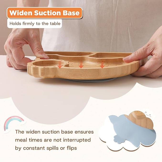 Bamboo Suction Plates Bowls Set for Baby Toddler - Includes Bamboo Bowl, Divided Plate, Silicone Fork & Spoon, All-Natural Baby Feeding Set for Baby-Led Weaning