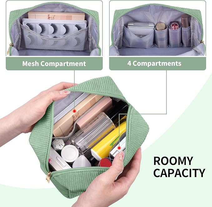 MAGEFY Small Makeup Bag for Purse Portable Makeup Pouch with Compartments Corduroy Make up Bag for Women Travel Cosmetic Essential (Green, STUFF)