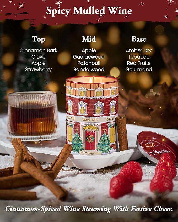 M&SENSE Spicy Mulled Wine Christmas Candles, Warm Apple Cider Holiday Scented Candle for Festival Ambiance, Winter Christmas Gifts for Women Men, Soy Wax 11.3oz 70 Hour Long Lasting Clean Burn