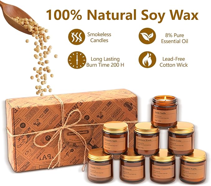 Holiday Candle Gift Set – 8 Pack Vintage Amber Glass Jar Candles,Winter Scents for Home,Christmas Gift for Women, Aromatherapy Soy Wax Candles,Cozy Home Décor,Premium Box