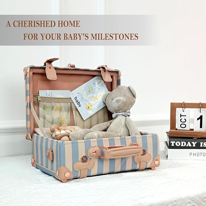 Unitravel Baby Keepsake Case, Handmade Memory Storage Box, Newborn Keepsake Box, Vintage Suitcase for Baby Shower, Baptism, Naming Ceremony or Birthday