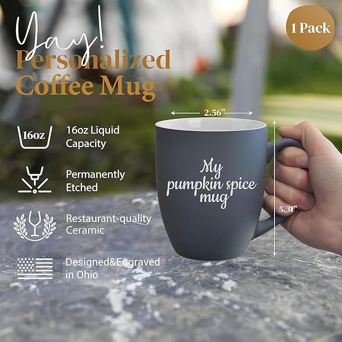 Personalized Coffee Mug Engraved with your Custom Text - Customized Coffee Mugs, Hot Chocolate Mug, Tea Cup, Birthday Gifts, Retirement Gift (Engraved Custom Text, Matte Grey)