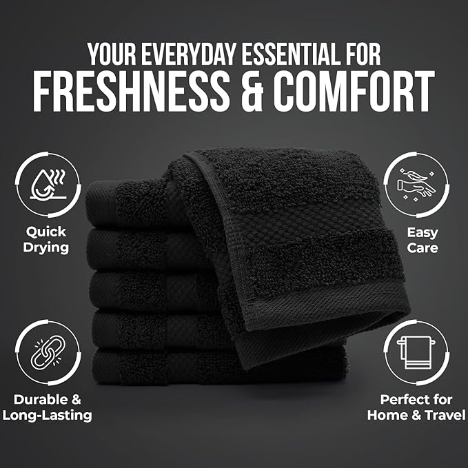 DAN RIVER 12-Pack Premium 100% Cotton Black Face Towels – Reusable Face Towel Set, Soft & Absorbent Rough Wash Cloths for Bathroom & Body – Hand and Face Towels, 550 GSM (12x12 in)