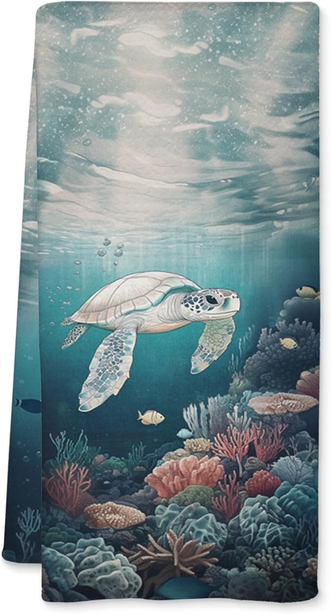 Sea Turtle Beach Kitchen Towels, Turtle Lover Gifts Decorative Dish Tea Towels for Kitchen, Coastal Nautical Beach Hand Towel for Bathroom Decor, 16x24 Inch