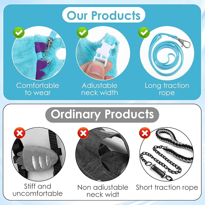 Ferret Harness and Leash Set Small Animals Vest Harness with Safe Bell Dinosaur Shaped Leash Set for Baby Rabbit Guinea Pig Teacup Chihuahua Mouse and Other Small Pet (Blue)