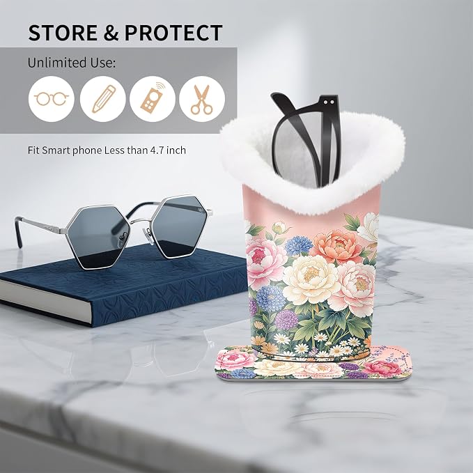 Plush Lined Eyeglasses Holder, Cute Magnetic PU Leather Glasses Stand Case for Women Men Kids