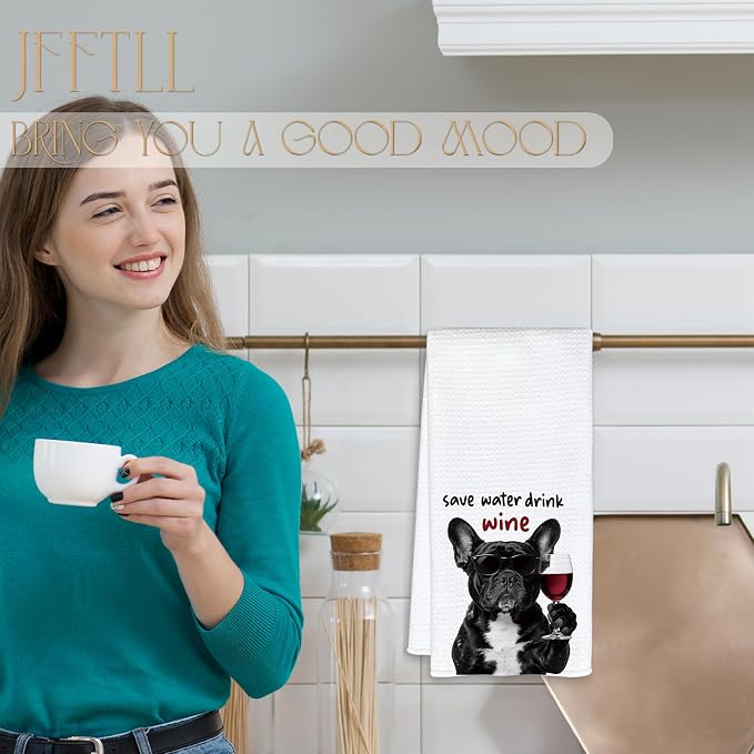 Funny French Bulldog Kitchen Towels, Frenchie Gifts for Women Men Dish Tea Towels, Save Water Drink Wine Lover Gifts Decorative Bar Towel for Bartender Kitchen, 16x24 Inch