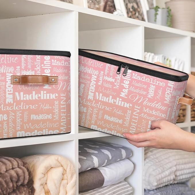 Custom Storage Basket with Name, Personalized Keepsake Box with Zipper Lid, Foldable Fabric Memory Bin Large capacity with Handle Pink Orange