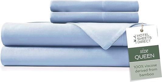 Hotel Sheets Direct 4 Piece Bed Sheet Set Queen Size, 100% Viscose Derived from Bamboo Sheets Set with 2 Pillowcases, Cooling & Breathable Luxury Bedding, Moisture-Wicking & Silky Soft, Light Blue