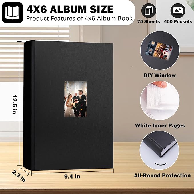 Ruibytree Photo Album 4x6 450 Photos with Writing Space,PU Leather Cover with Front Window Picture Album,4 x 6 Photo Book for Wedding Kids Travel Family Baby Vacation Couple (Black)