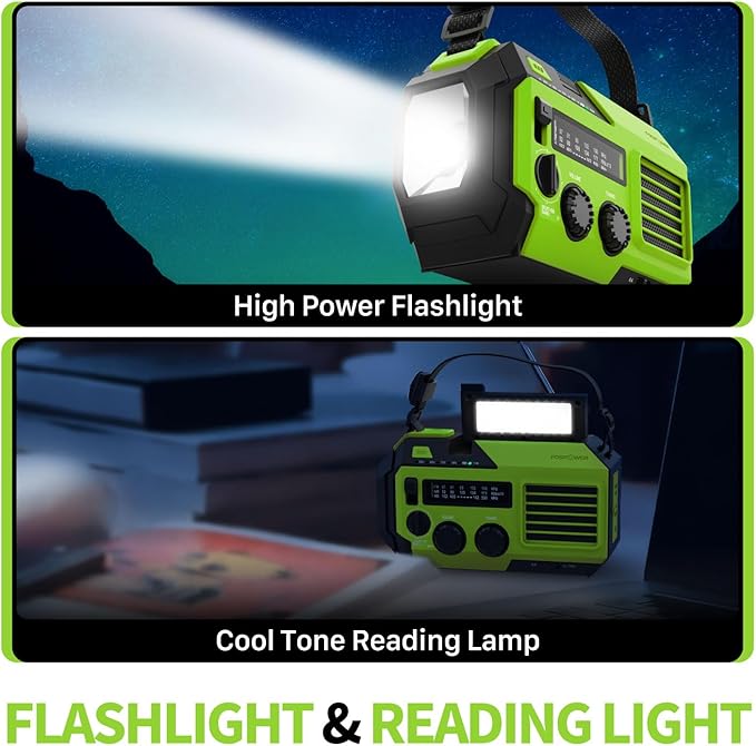 FosPower NOAA Emergency Weather Radio A6 19240mWh Portable Power Bank, AM/FM, USB/Solar/Hand Crank Charging, Battery Operated, SOS Alarm & Flashlight for Indoor/Outdoor Emergency - Green