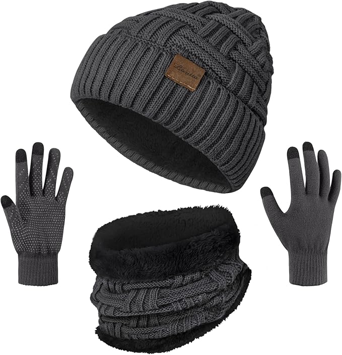 Loritta 3-Pieces Winter Hat Neck Warmer Touchscreen Gloves Set Knit Thick Scarf Beanie Hats Scarves Set Gifts for Women