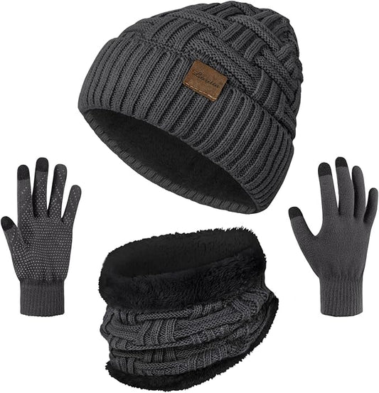Loritta 3-Pieces Winter Hat Neck Warmer Touchscreen Gloves Set Knit Thick Scarf Beanie Hats Scarves Set Gifts for Women