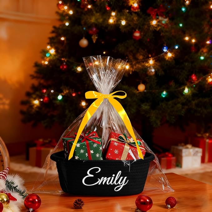 HUTARIO Personalized Woven Christmas Burr Basket Embroidered Name with Gift Bags and Ribbons,Empty Small Rope Basket，Durable Storage Custom Black Basket with Handles for Baby Showers,12"×8"×5"