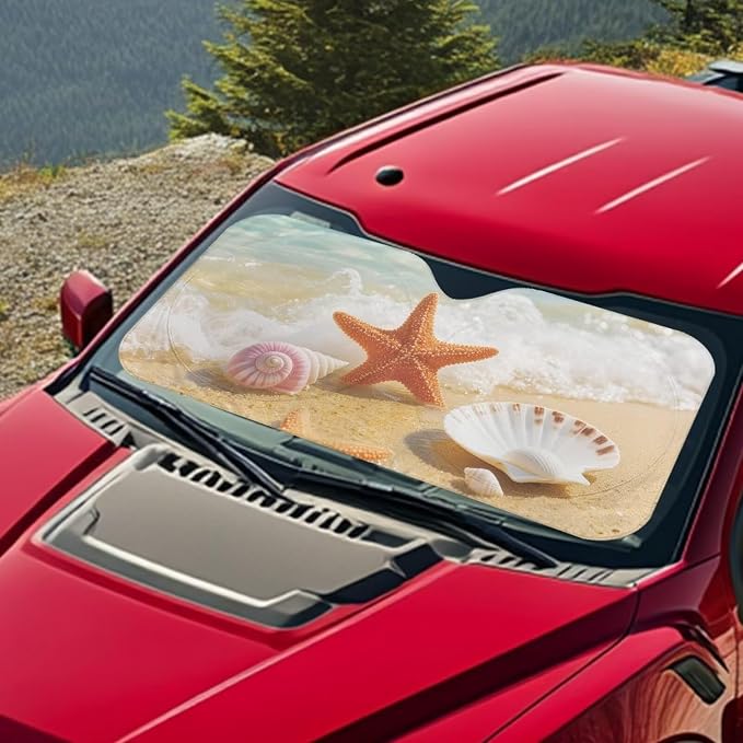 Beach Seashell Windshield Sun Shade Foldable Car Front Window Sunshade with Storage Bag Universal for Car Truck SUV Reflective Sun Visor Protect Car from Sun Rays & Heat Damage