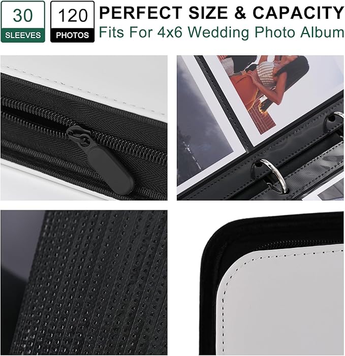 Photo Album 4x6 Pictures,120 Pockets Binder Premium Vegan Leather Cover for Family Wedding Anniversary Baby Kids Vacation. (White)