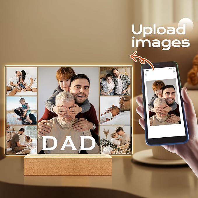 Custom Picture Frames with Photos, Custom Dad Photo Frame with Night Light, Customized Dad Birthday Gifts, Personalized Father's Day Gifts for Dad from Daughter Son Wife