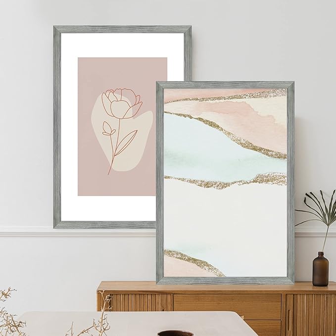 14x22 Picture Frame Set of 2, Rustic Grey Wood Style - Display 14 x 22 Picture without Mat or 12x18 Picture with Mat, Wall Mounting Horizontal and Vertical