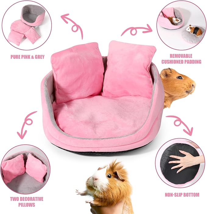 Guinea Pig Couch - Guinea Pig Bed, Removable Cushioned Pillow, Round Cuddle Cup Shape, Pure Pink and Gray, Ideal Bed for Small Pets