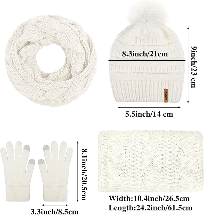 Aneco Womens Winter Warm Sets Knitted Fur Pompoms Beanie Hat Circle Loop Scarf Touch Screen Gloves Winter Favor Accessories