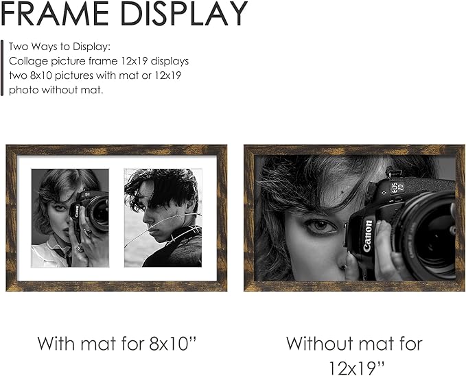12x19 Double Picture Frame 8x10 Displays Two 8x10 inch Photos Collage Available Horizontal Wall Mounting Display and Vertical Brown