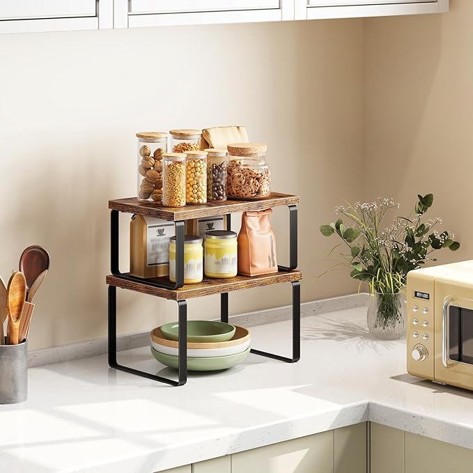 HOOBRO Spice Rack Set of 2, Kitchen Counter Organizer, Kitchen Storage, Cabinet Organizer Shelf, Nest, Stackable, Side-by-Side & L-Shape for Cabinet, Kitchen, Rustic Brown and Black BF33TL01