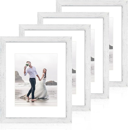 iRahmen 11x14 Picture Frame Set of 4 with Tempered Glass, Distressed White Frame Display 8x10 Picture with Mat or 11 x 14 Without Mat, Wood Rustic Photo Frames for Horizontal or Vertical Wall Mounting