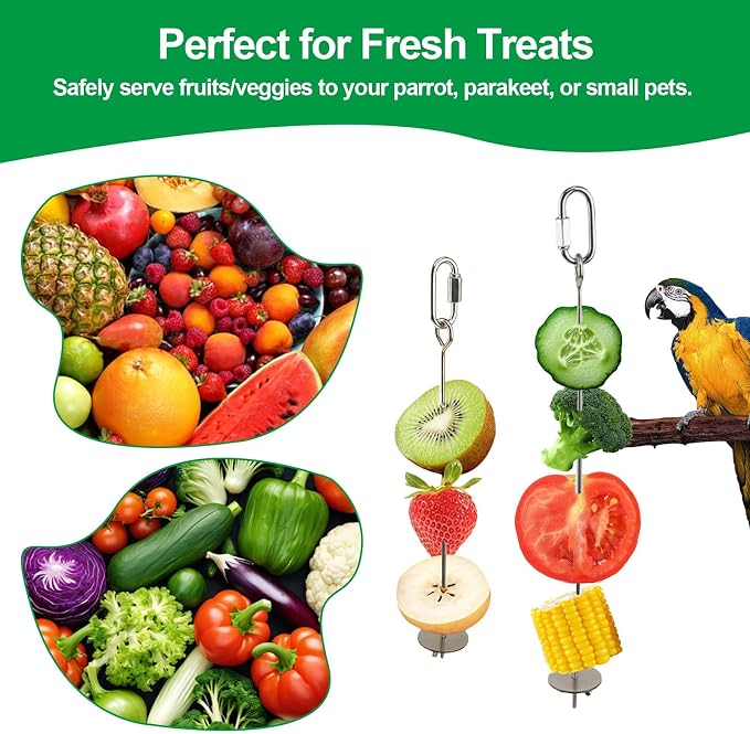 2 Pcs Bird Cage Food Holder Stainless Steel Parrot Fruit & Vegetable Skewer Hanging Foraging Toy for Parakeets, Budgies, Macaws (Pack of 2)