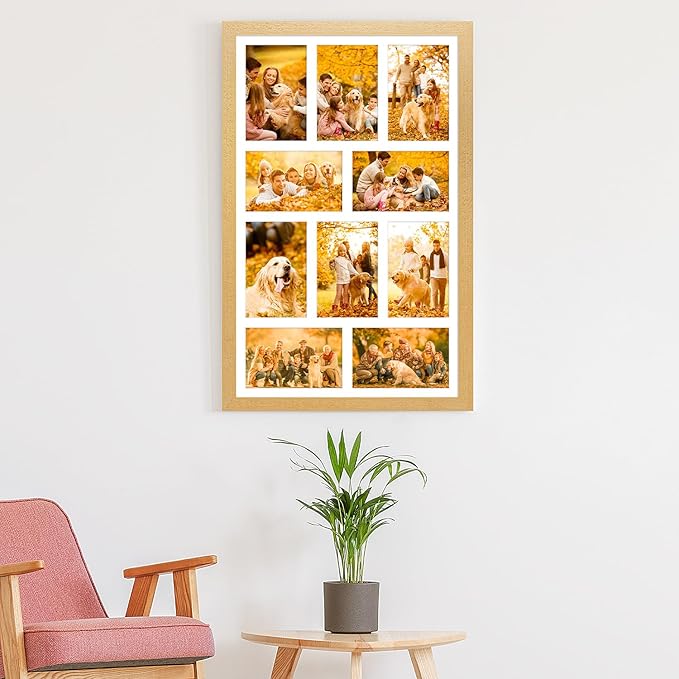 13x21 Collage frame with 10 Openings 4X6 Pictures, Multiple Picture Frame with Mat, Wall or Tabletop Decor, Natural Wood Grain,2 Pack