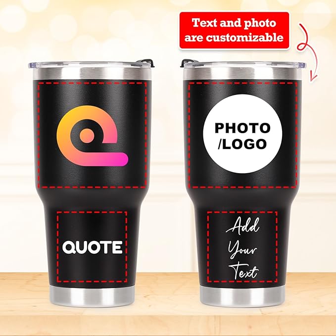 Personalized Tumbler with Picture Text Name Logo, 30oz Stainless Steel Custom Coffee Mug cup with Lid Straw, Christmas Anniversary Wedding Birthday Thank You Gifts for Women Men Kids